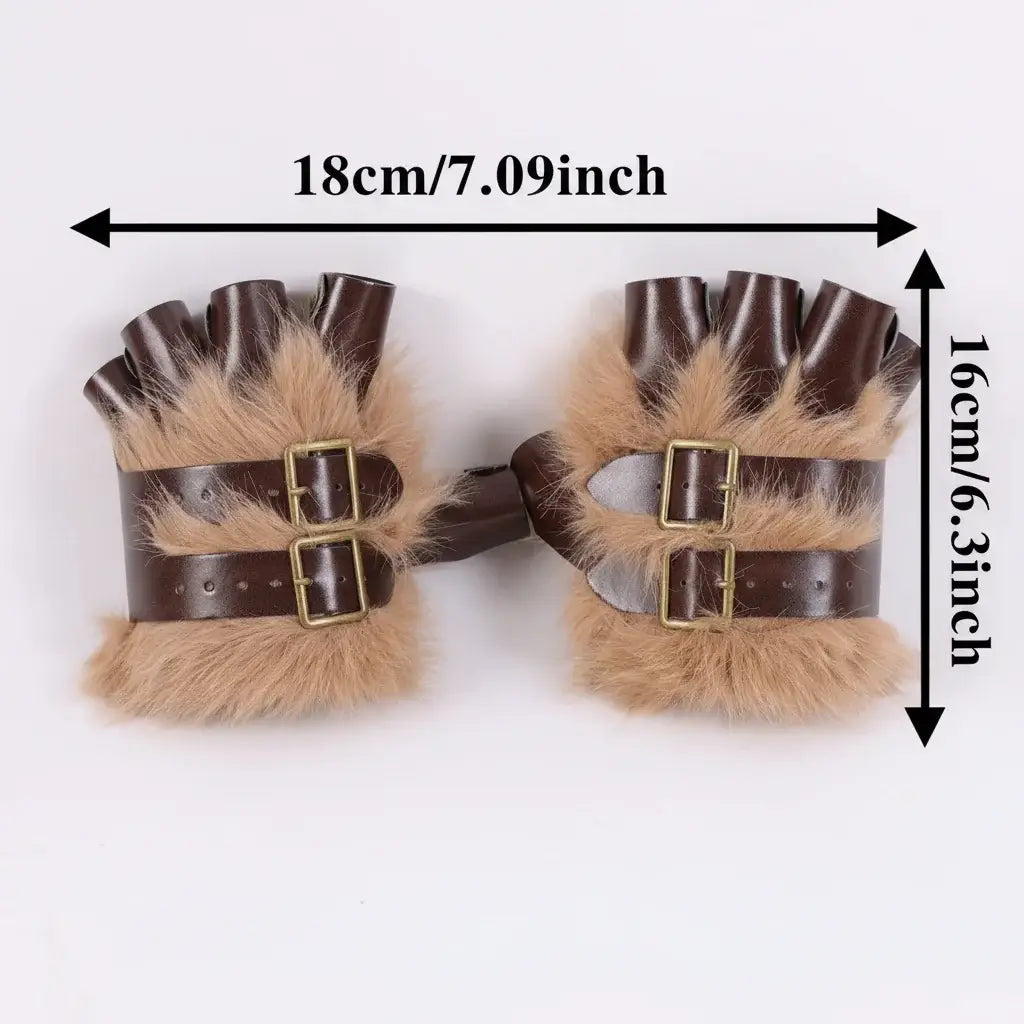 Medieval Viking Fur Fingerless Gloves – Steampunk Leather Wrist Guards for Renaissance, Archery & Cosplay - Hadi Craft