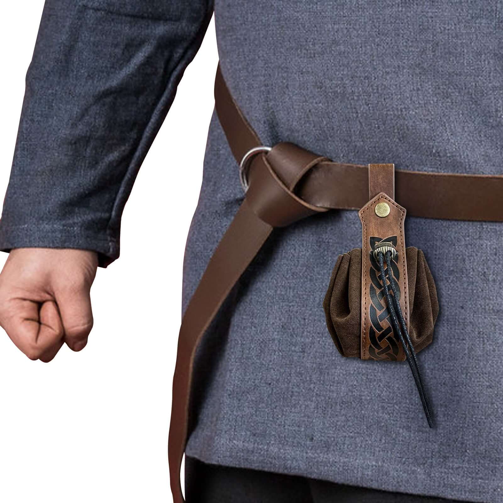 Medieval Viking Leather Sling Bag – Nordic Embossed Coin Purse for Men - Hadi Craft