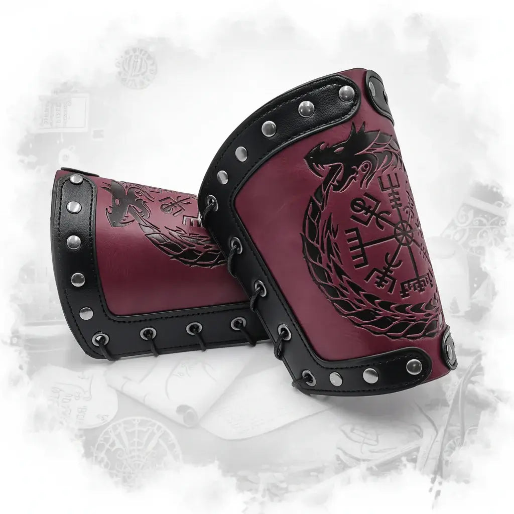 Medieval Viking Wear Nordic Compass Leather Bracelet Wide Arm Gauntlet Bracer - Hadi Craft