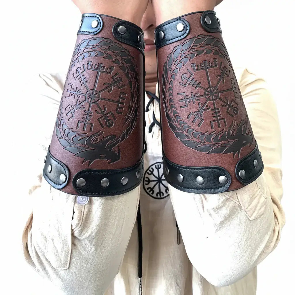 Medieval Viking Wear Nordic Compass Leather Bracelet Wide Arm Gauntlet Bracer - Hadi Craft