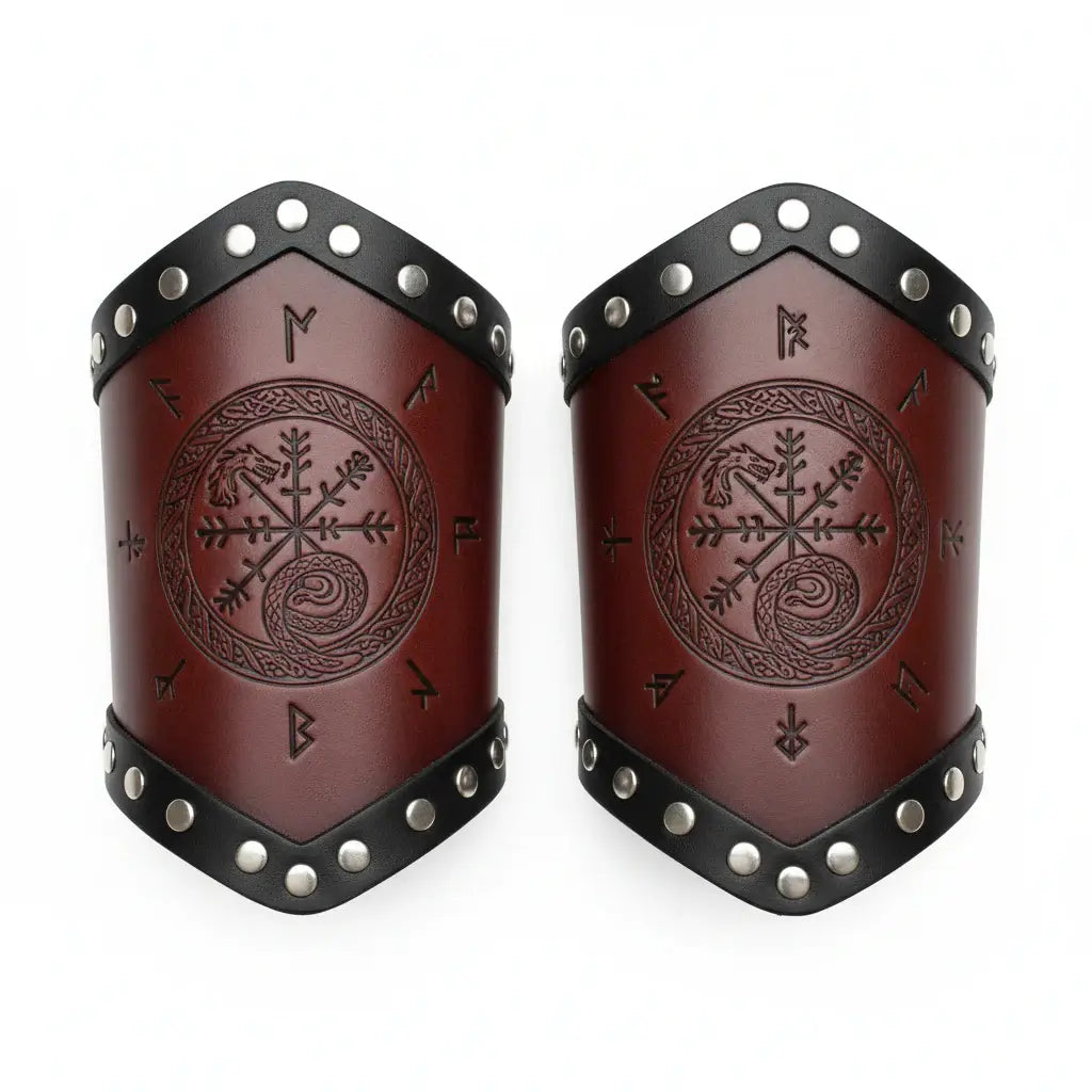 Medieval Viking Wear Nordic Compass Leather Bracelet Wide Arm Gauntlet Bracer - Hadi Craft