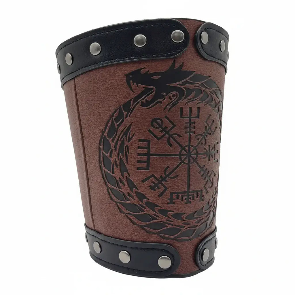 Medieval Viking Wear Nordic Compass Leather Bracelet Wide Arm Gauntlet Bracer - Hadi Craft