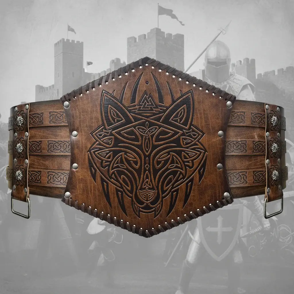Medieval Viking Wear Wide PU Leather Belt Armor Costume Heavy Embossed Waistband - Hadi Craft