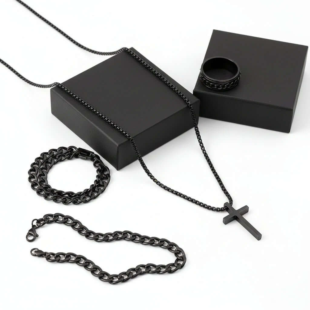 Men’s Cross Jewelry Set – Black Necklace Ring Bracelet Fashion Accessories Gift Set - Hadi Craft
