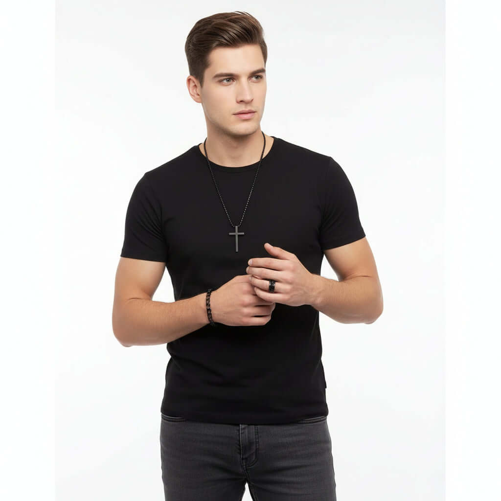 Men’s Cross Jewelry Set – Black Necklace Ring Bracelet Fashion Accessories Gift Set - Hadi Craft