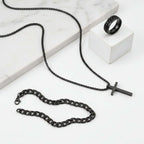 Men’s Cross Jewelry Set – Black Necklace Ring Bracelet Fashion Accessories Gift Set - Hadi Craft