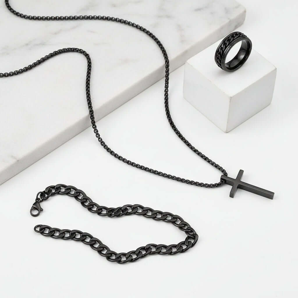 Men’s Cross Jewelry Set – Black Necklace Ring Bracelet Fashion Accessories Gift Set - Hadi Craft