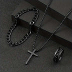 Men’s Cross Jewelry Set – Black Necklace Ring Bracelet Fashion Accessories Gift Set - Hadi Craft