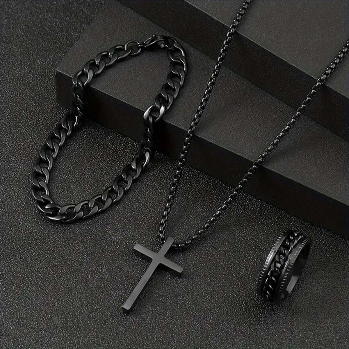 Men’s Cross Jewelry Set – Black Necklace Ring Bracelet Fashion Accessories Gift Set - Hadi Craft