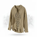 Men's linen Hawaiian beach shirt featuring unique tribal print, perfect for casual summer outings.