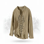 Men's linen Hawaiian beach shirt featuring unique tribal print, perfect for casual summer outings.