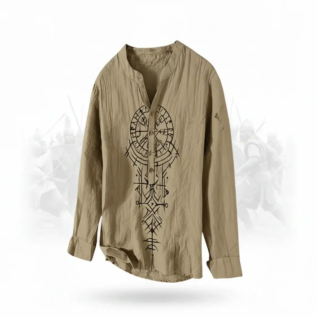 Men's linen Hawaiian beach shirt featuring unique tribal print, perfect for casual summer outings.