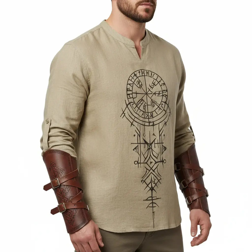 Men's linen Hawaiian beach shirt V-Neck Casual Vacation Print Shirt worn with stylish brown arm guards.