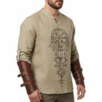 Men's linen Hawaiian beach shirt V-Neck Casual Vacation Print Shirt worn with stylish brown arm guards.