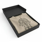 Men's linen Hawaiian beach shirt neatly folded in a black gift box.