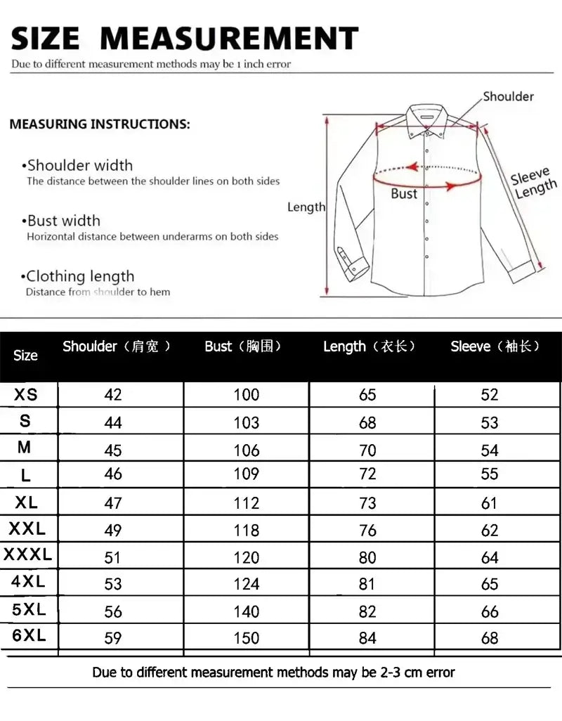 Size measurement chart for men's linen Hawaiian beach shirt with detailed sizing information.