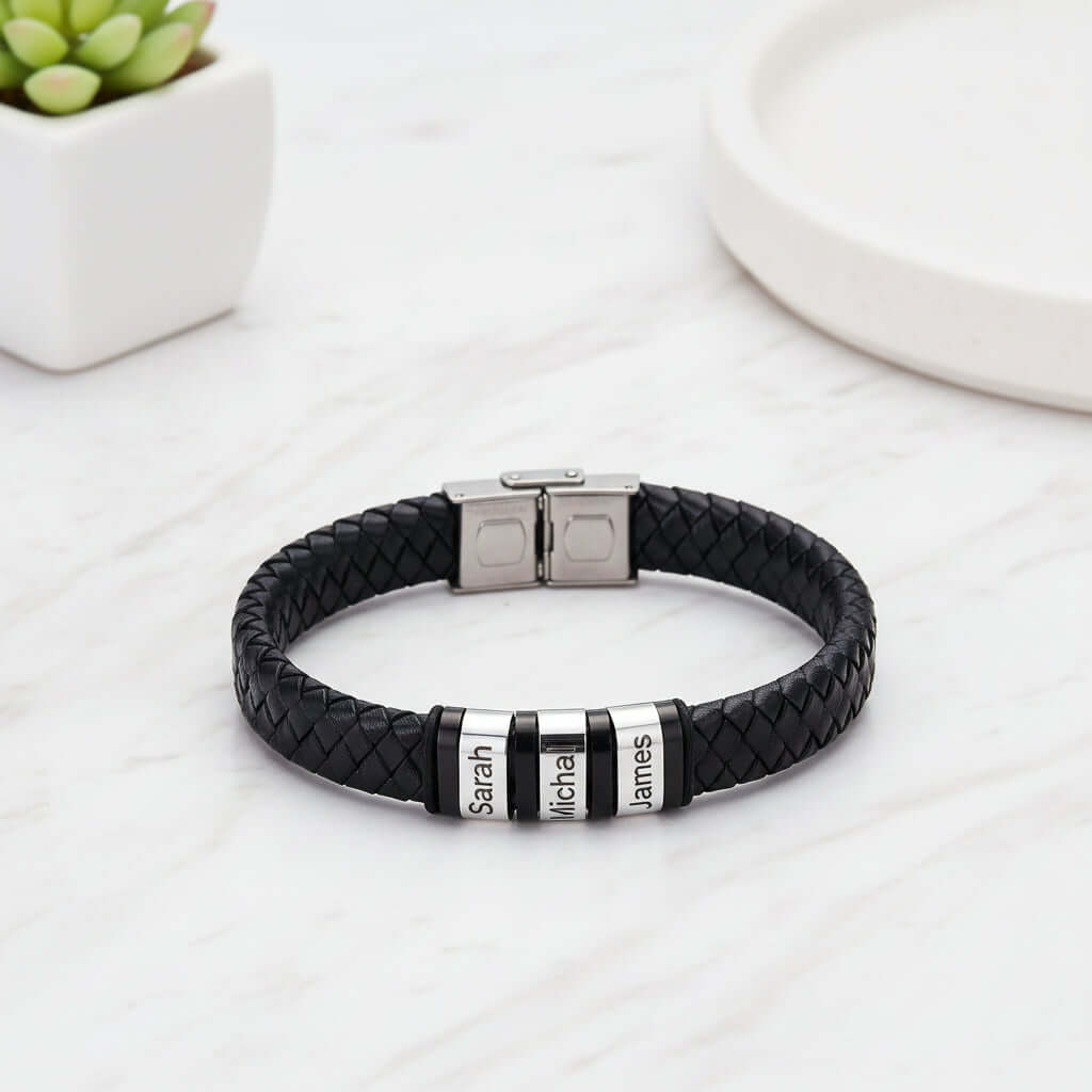 Men’s Personalized Black Leather Bracelet – Custom Engraved Name Wristband - Hadi Craft