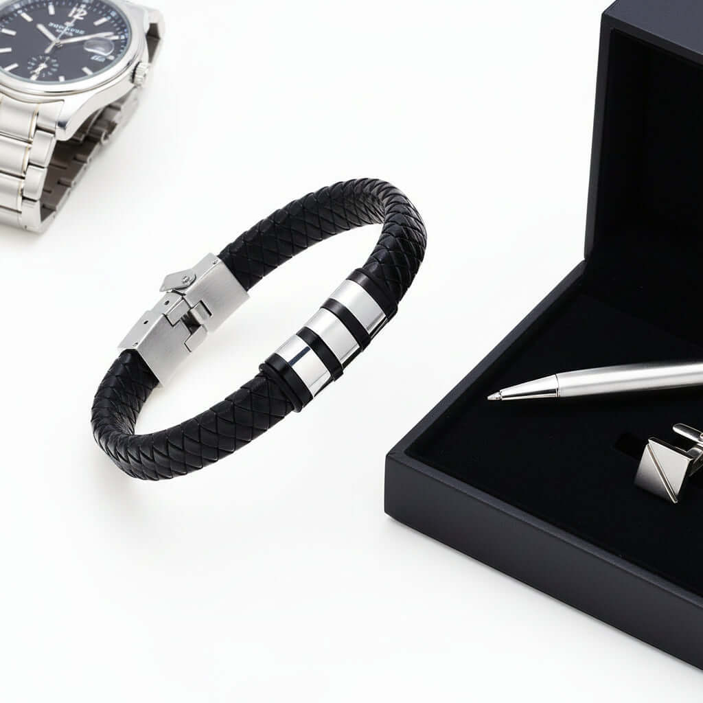 Men’s Personalized Black Leather Bracelet – Custom Engraved Name Wristband - Hadi Craft