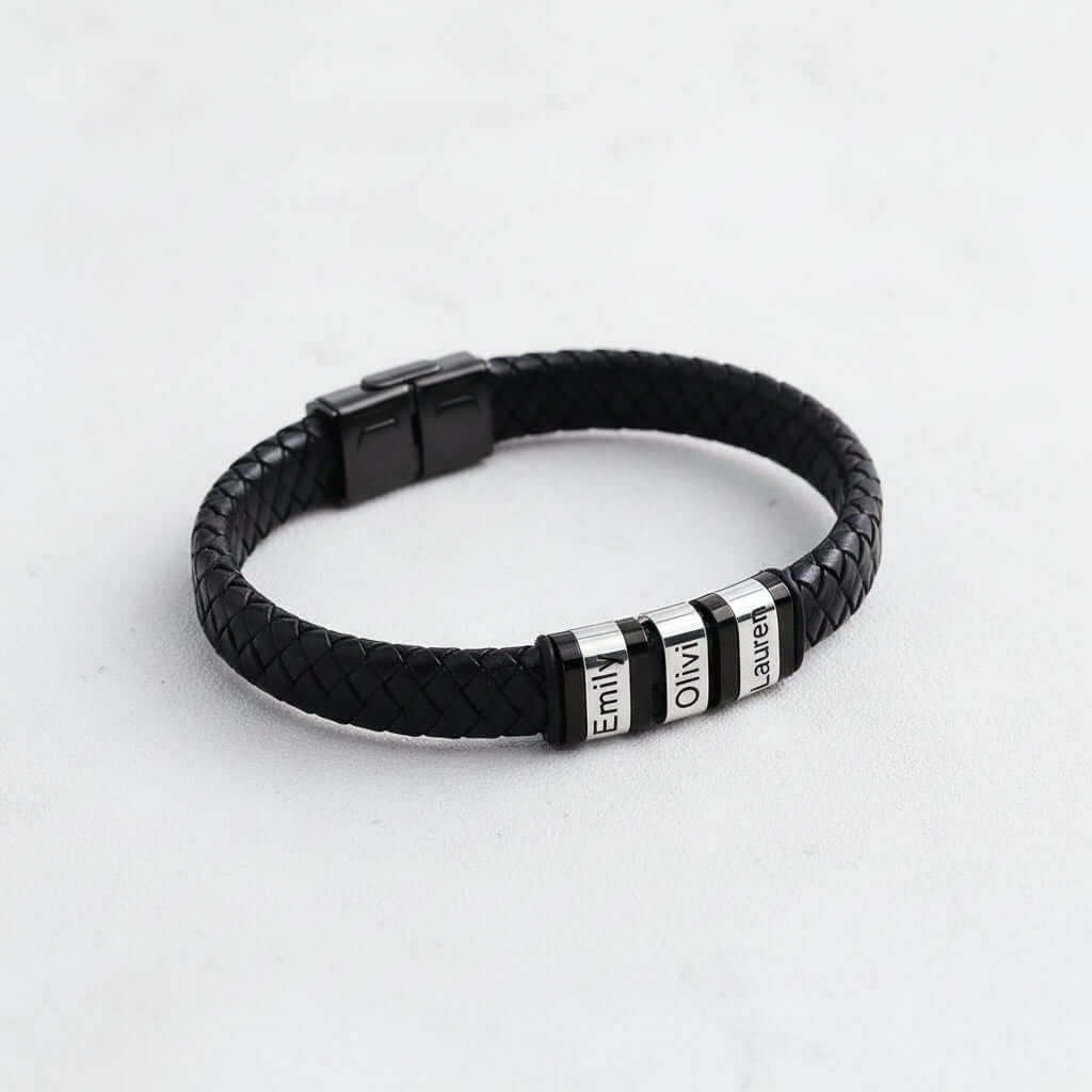 Men’s Personalized Black Leather Bracelet – Custom Engraved Name Wristband - Hadi Craft