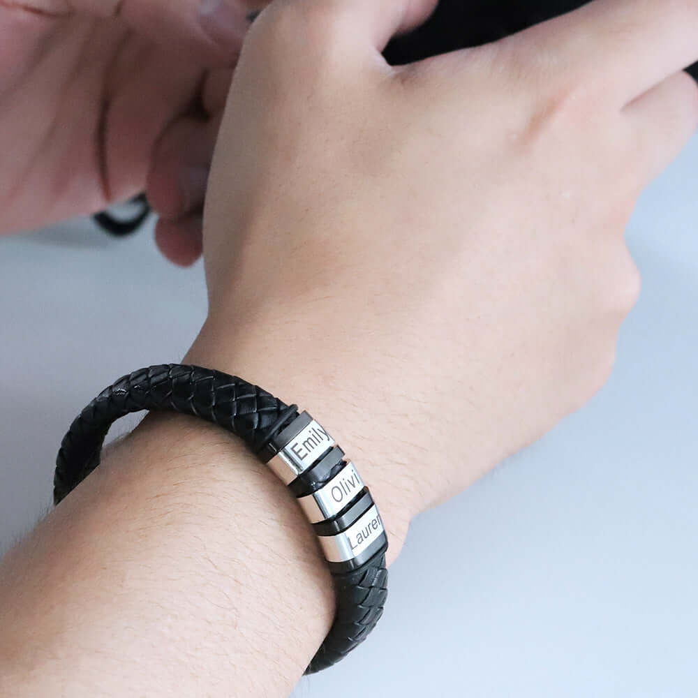 Men’s Personalized Black Leather Bracelet – Custom Engraved Name Wristband - Hadi Craft