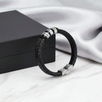 Men’s Personalized Black Leather Bracelet – Custom Engraved Name Wristband - Hadi Craft