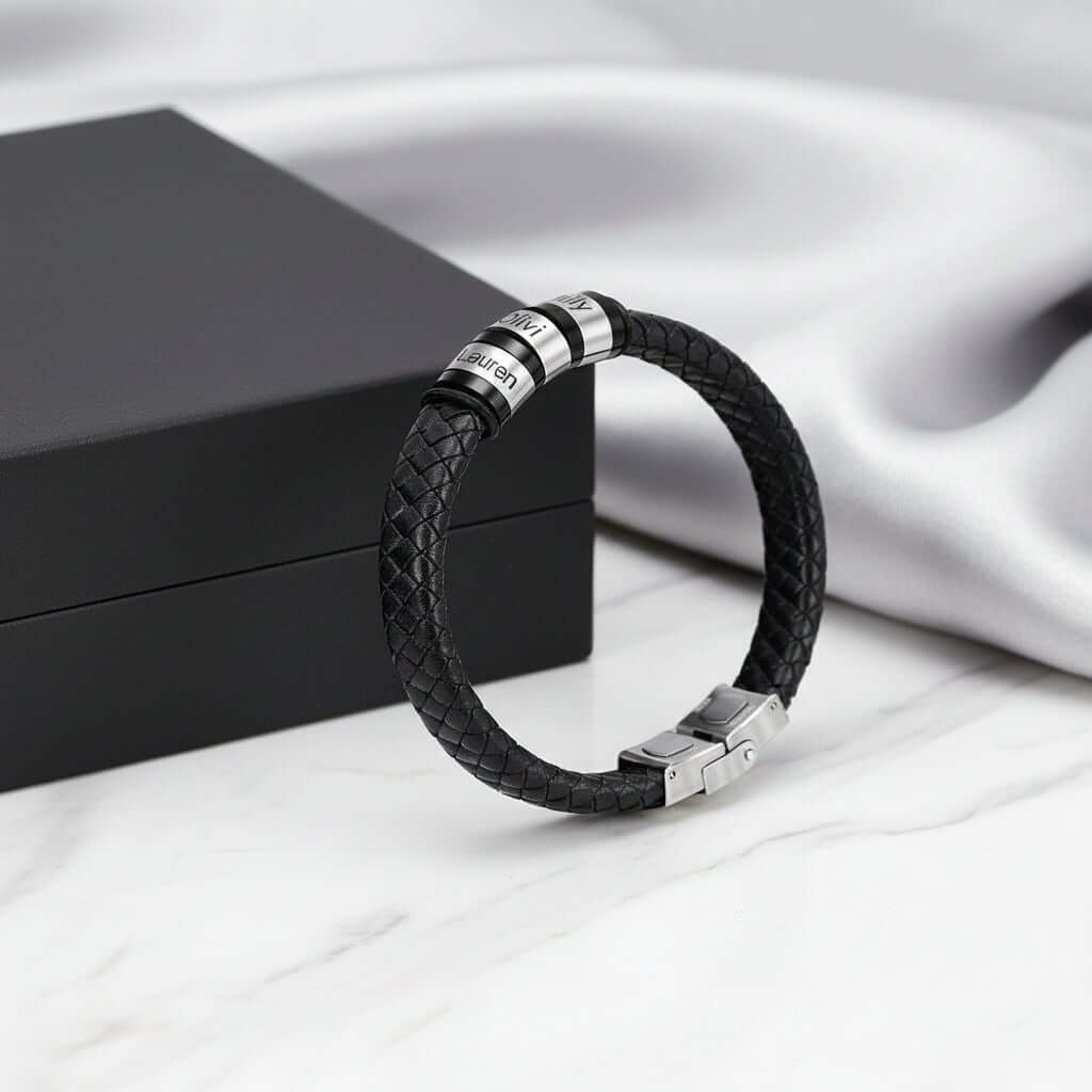 Men’s Personalized Black Leather Bracelet – Custom Engraved Name Wristband - Hadi Craft