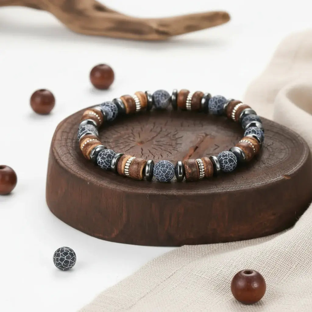 Men's Vintage Onyx Wood Bead Bracelet - Hadi Craft