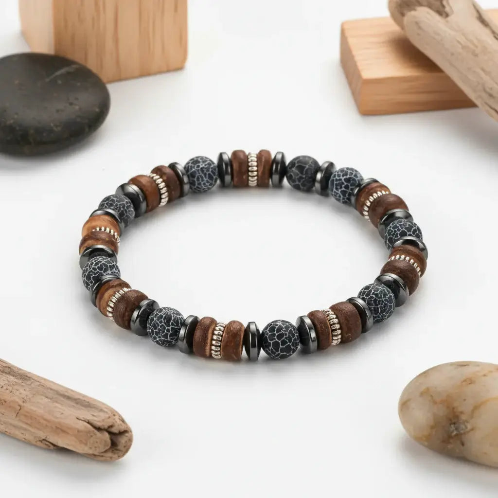 Men's Vintage Onyx Wood Bead Bracelet - Hadi Craft