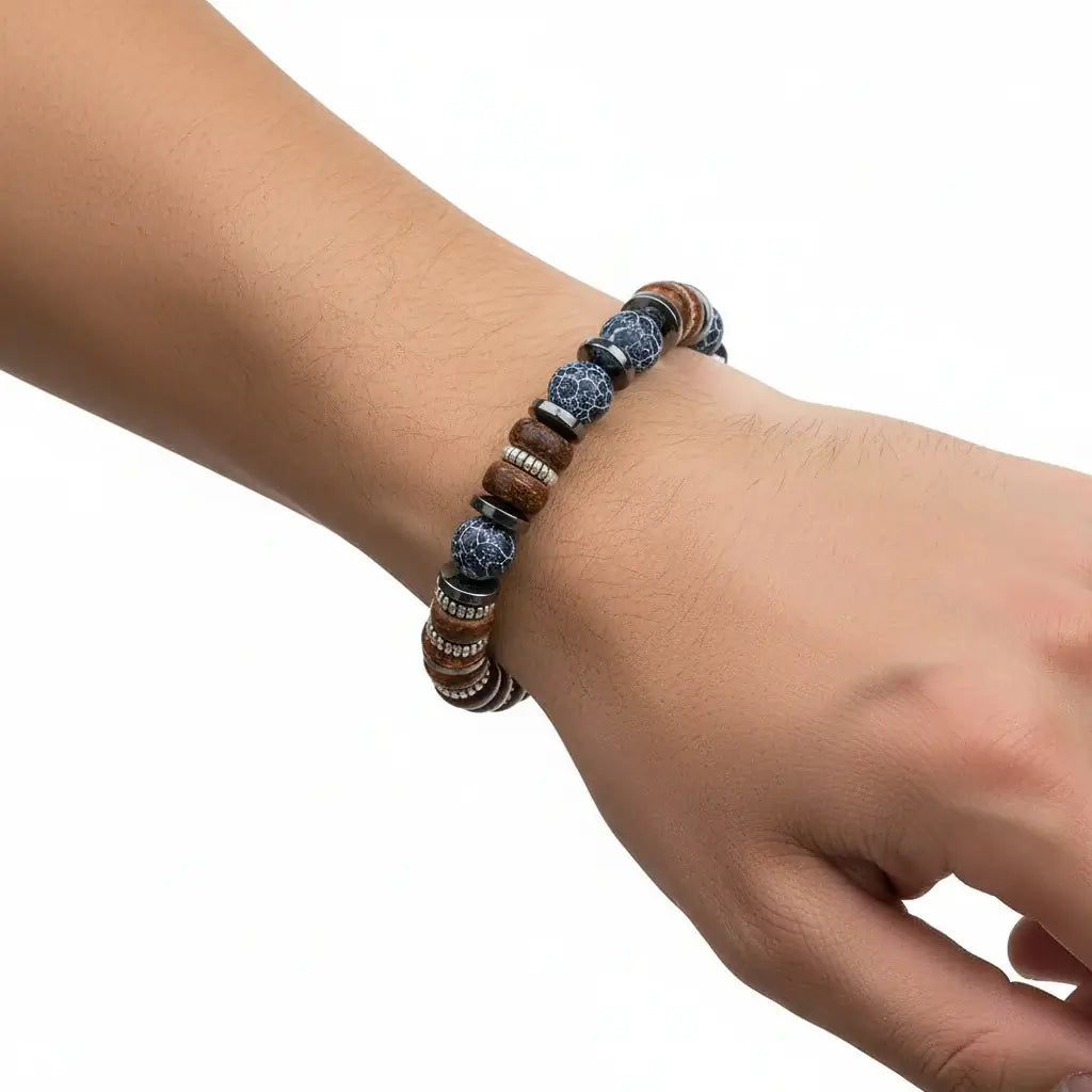 Men's Vintage Onyx Wood Bead Bracelet - Hadi Craft