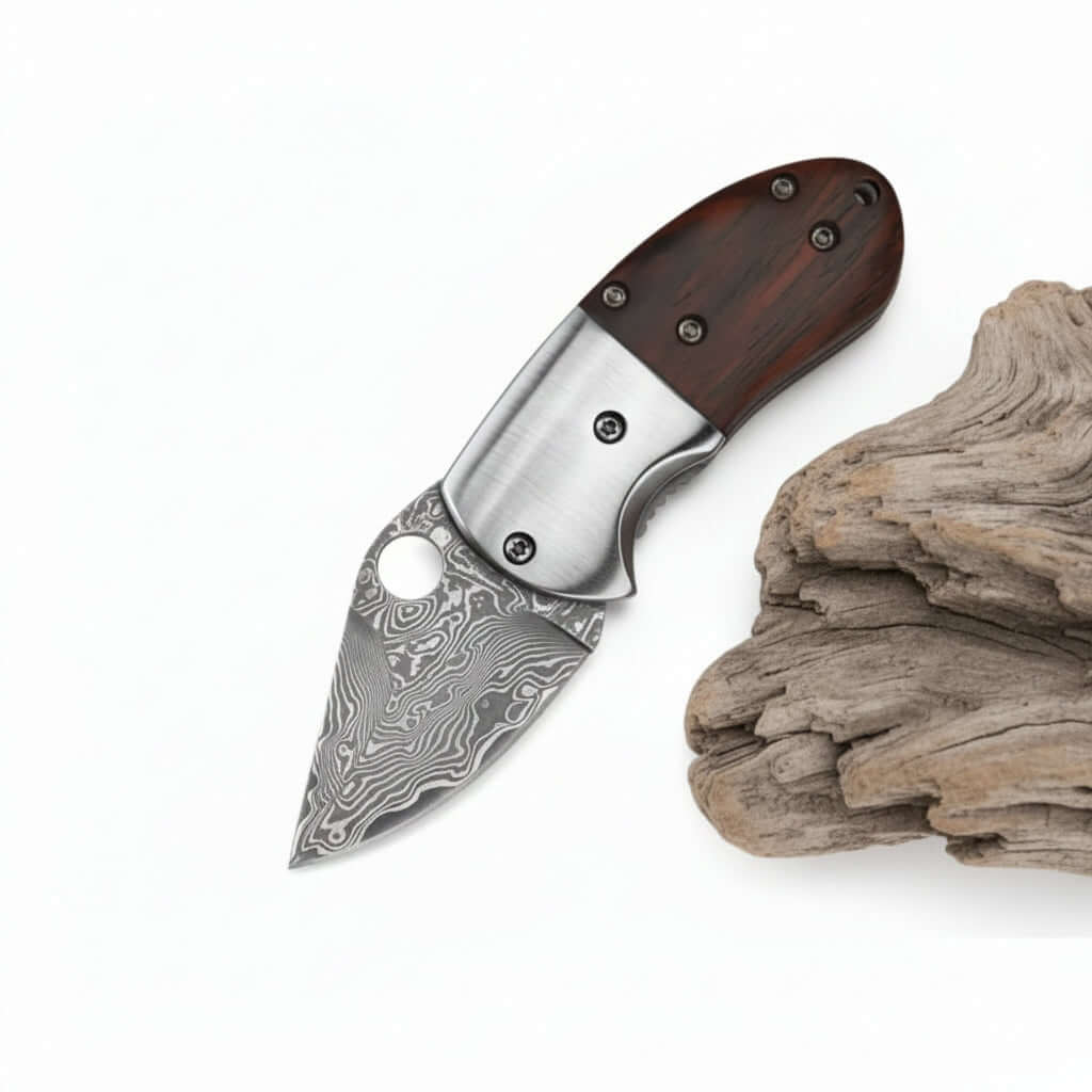 Mini Damascus Steel Folding Knife – Compact EDC Pocket Knife for Men | Gift Knife - Hadi Craft