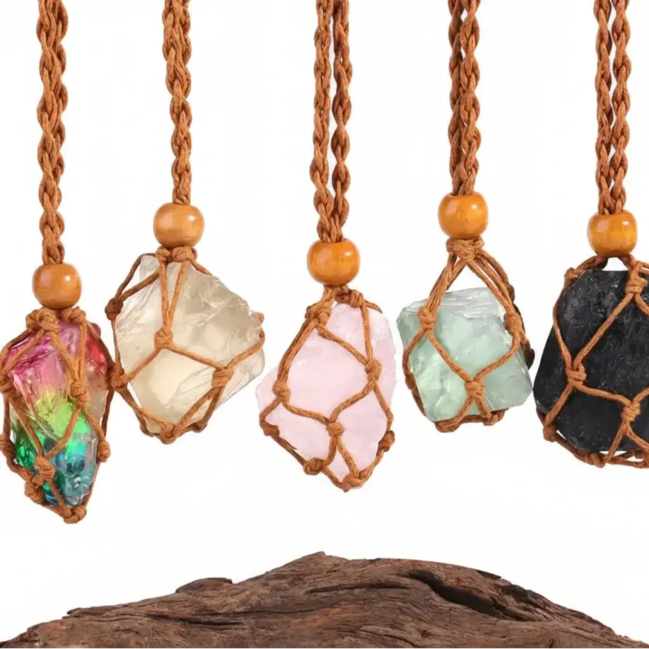 Natural Crystal Healing Necklace – Raw Gemstone Pendant Adjustable Cord for Women & Men - Hadi Craft