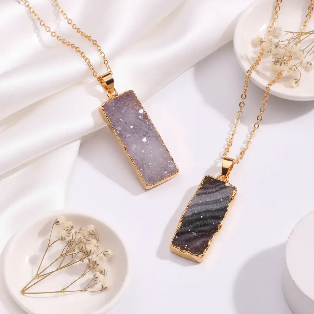 Natural Galaxy Stone Necklace Irregular Purple Crystal Long Bar Pendant - Hadi Craft