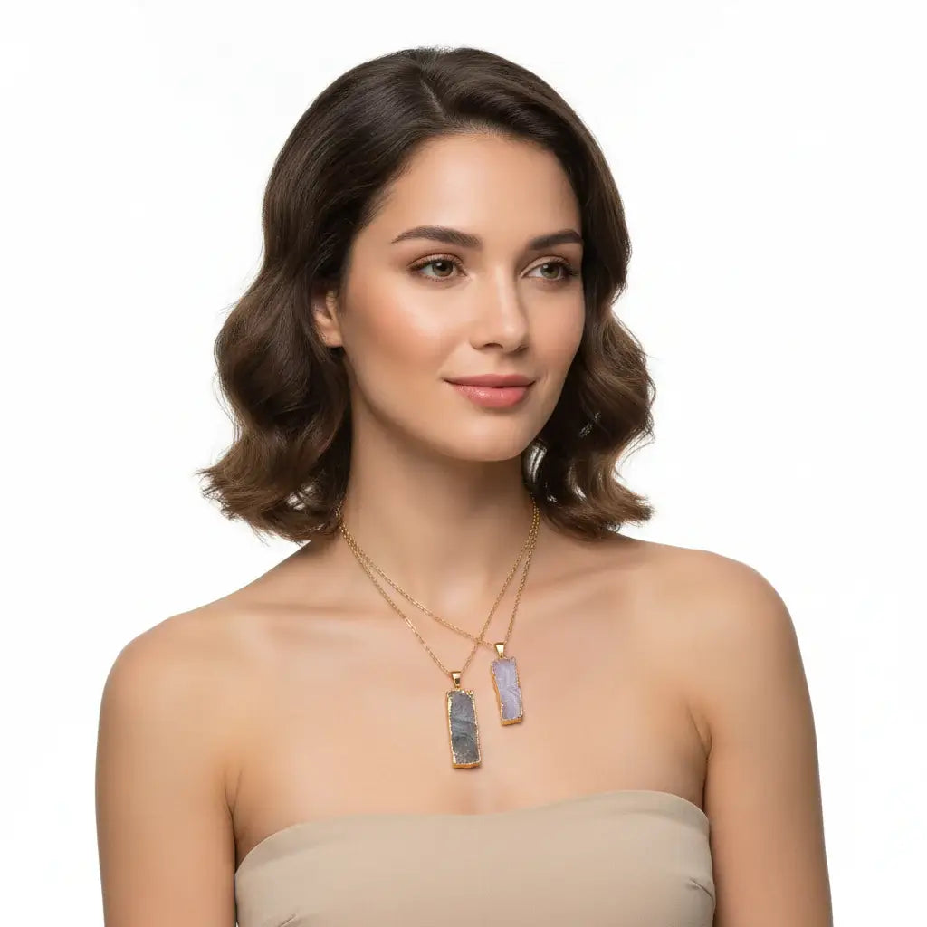 Natural Galaxy Stone Necklace Irregular Purple Crystal Long Bar Pendant - Hadi Craft