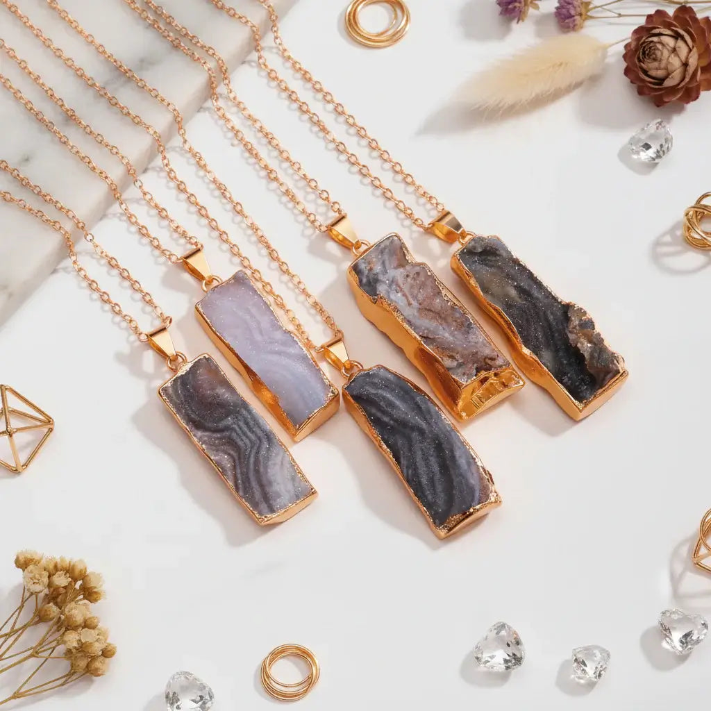 Natural Galaxy Stone Necklace Irregular Purple Crystal Long Bar Pendant - Hadi Craft