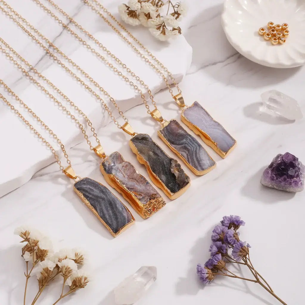 Natural Galaxy Stone Necklace Irregular Purple Crystal Long Bar Pendant - Hadi Craft