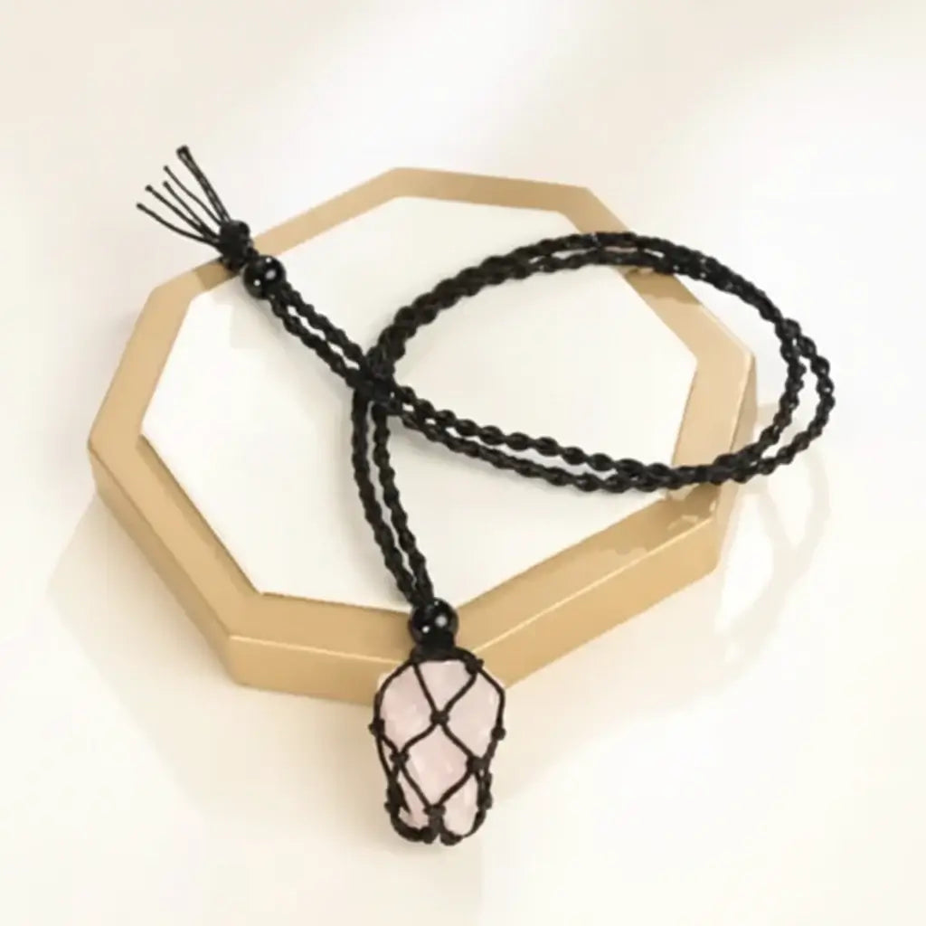 Natural Gemstone Crystal Necklace – Handwoven Stone Holder Adjustable Cord Pendant for Women & Men - Hadi Craft