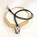 Natural Gemstone Crystal Necklace – Handwoven Stone Holder Adjustable Cord Pendant for Women & Men - Hadi Craft
