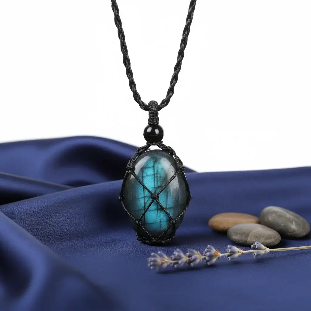 Natural Gemstone Crystal Necklace – Handwoven Stone Holder Adjustable Cord Pendant for Women & Men - Hadi Craft