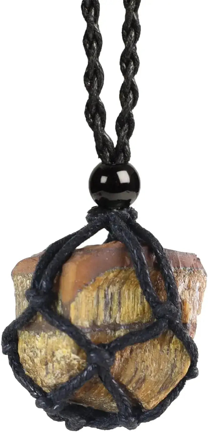 Natural Gemstone Crystal Necklace – Handwoven Stone Holder Adjustable Cord Pendant for Women & Men - Hadi Craft