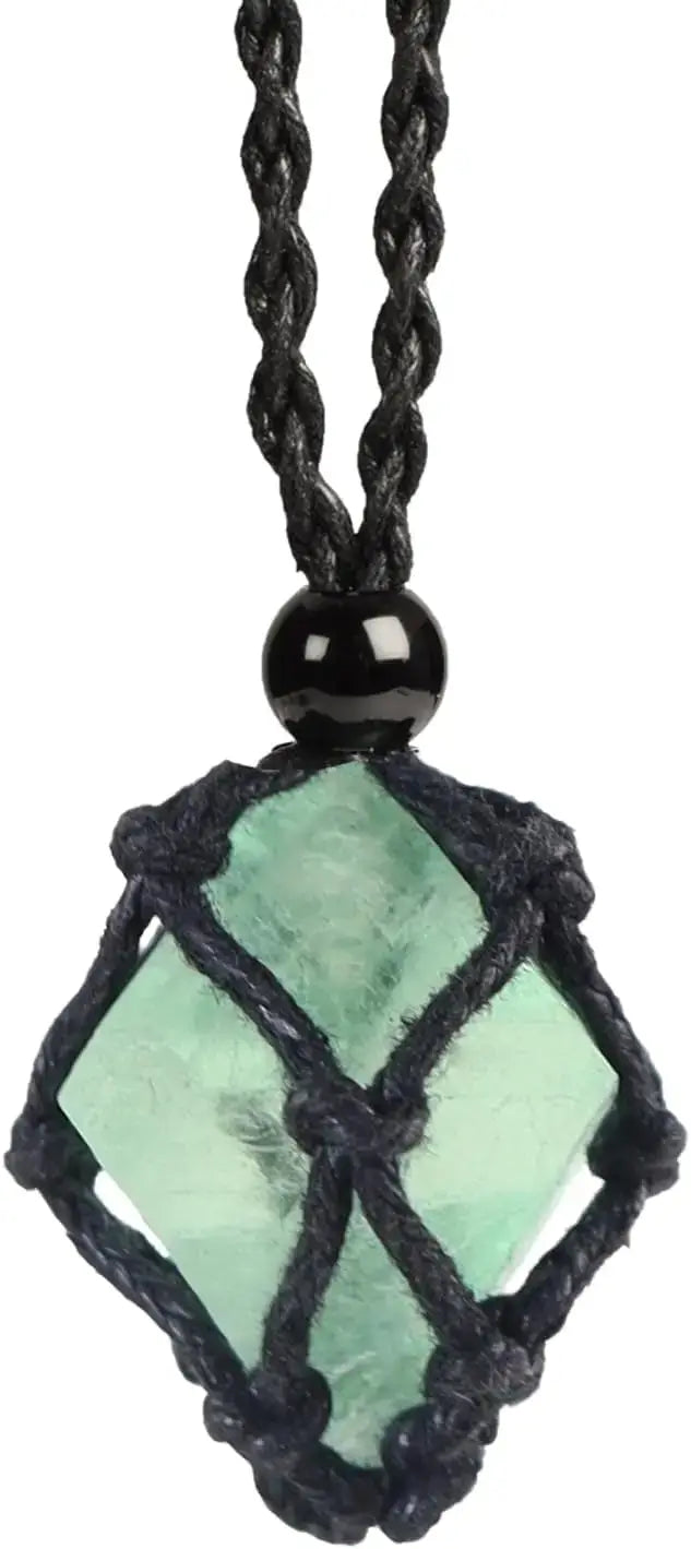 Natural Gemstone Crystal Necklace – Handwoven Stone Holder Adjustable Cord Pendant for Women & Men - Hadi Craft