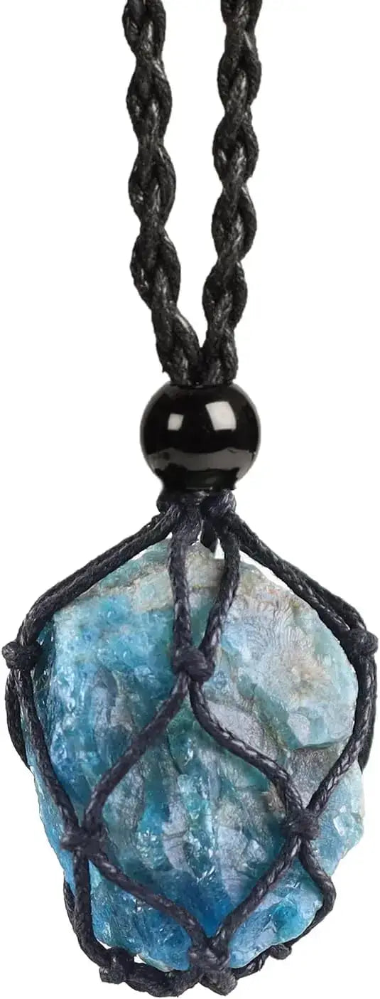 Natural Gemstone Crystal Necklace – Handwoven Stone Holder Adjustable Cord Pendant for Women & Men - Hadi Craft