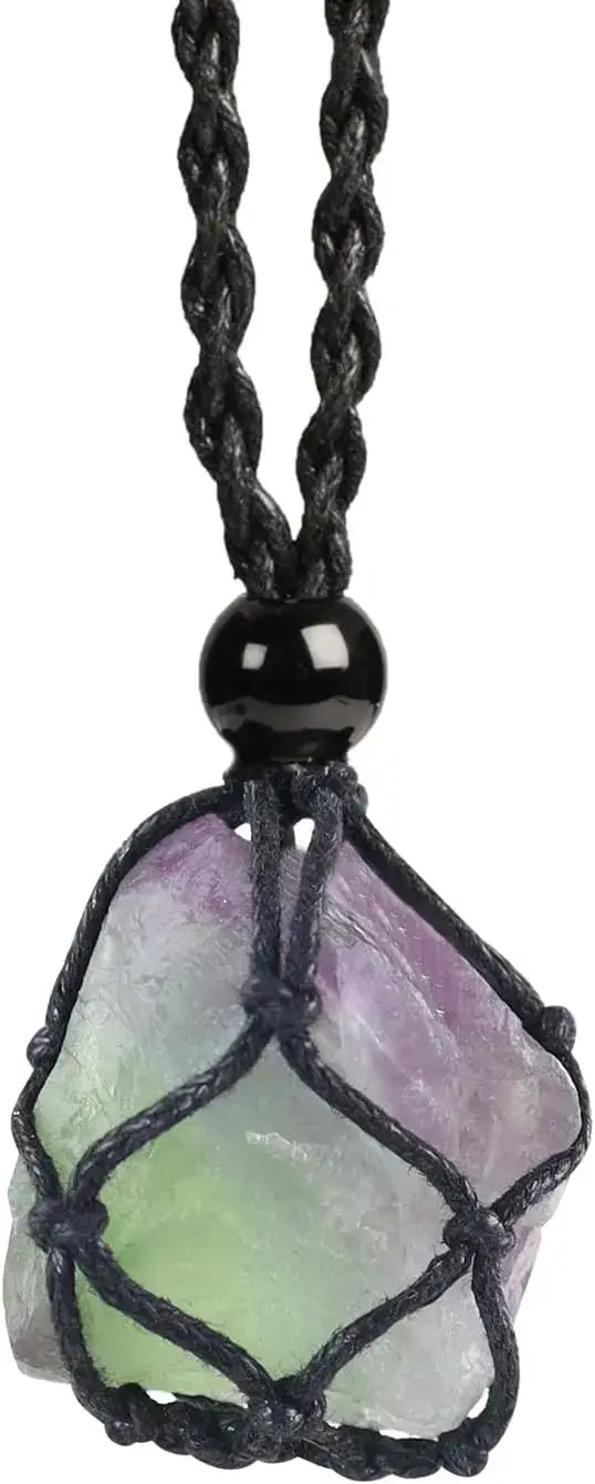 Natural Gemstone Crystal Necklace – Handwoven Stone Holder Adjustable Cord Pendant for Women & Men - Hadi Craft