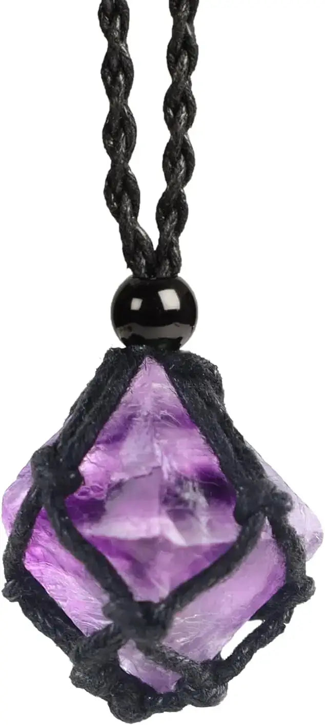 Natural Gemstone Crystal Necklace – Handwoven Stone Holder Adjustable Cord Pendant for Women & Men - Hadi Craft