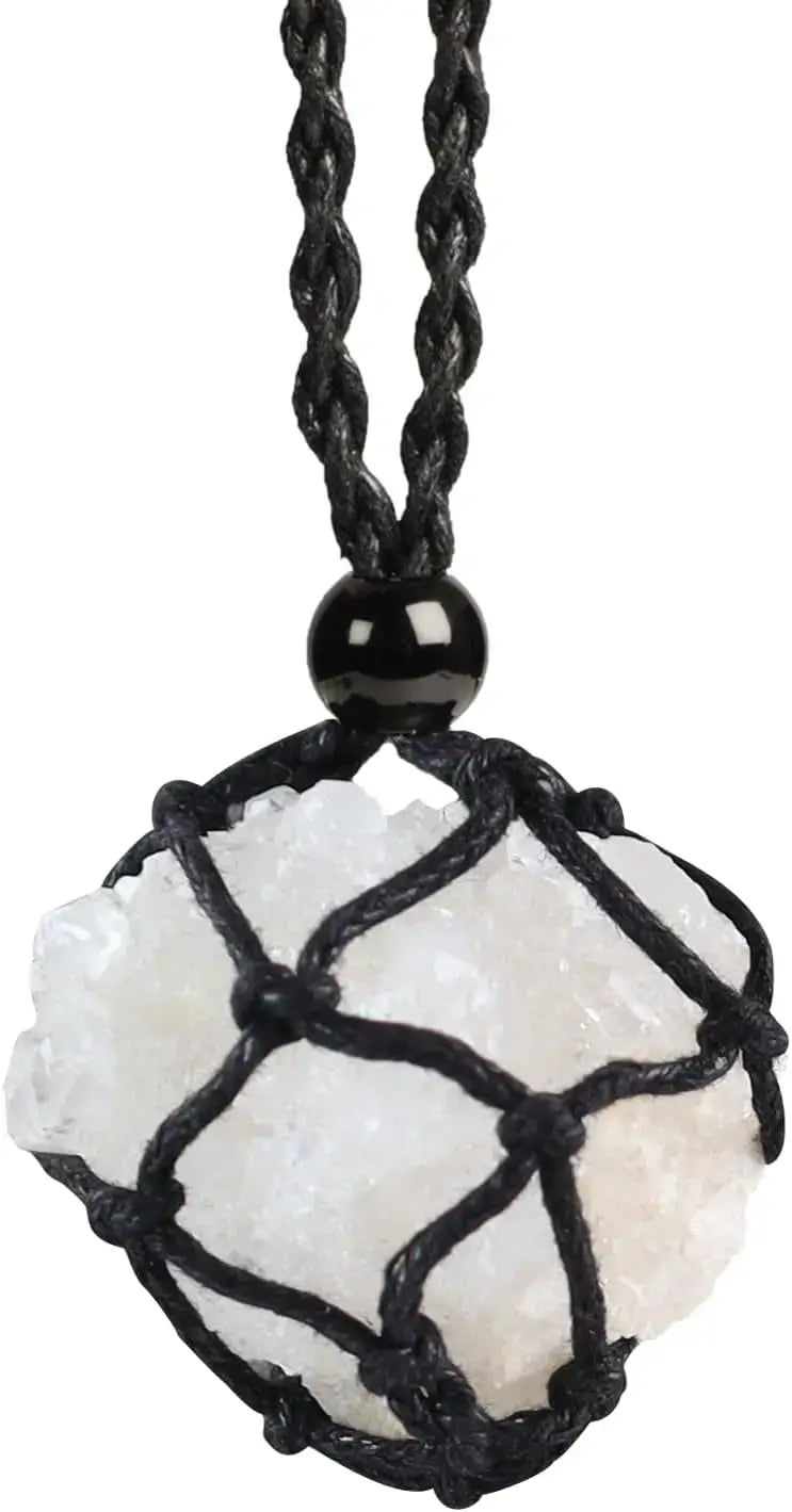 Natural Gemstone Crystal Necklace – Handwoven Stone Holder Adjustable Cord Pendant for Women & Men - Hadi Craft