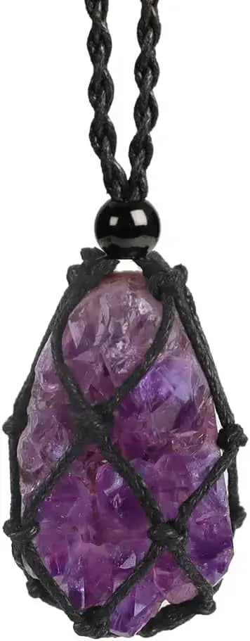 Natural Gemstone Crystal Necklace – Handwoven Stone Holder Adjustable Cord Pendant for Women & Men - Hadi Craft