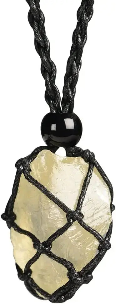 Natural Gemstone Crystal Necklace – Handwoven Stone Holder Adjustable Cord Pendant for Women & Men - Hadi Craft