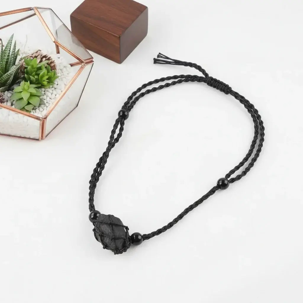 Natural Gemstone Crystal Necklace – Handwoven Stone Holder Adjustable Cord Pendant for Women & Men - Hadi Craft