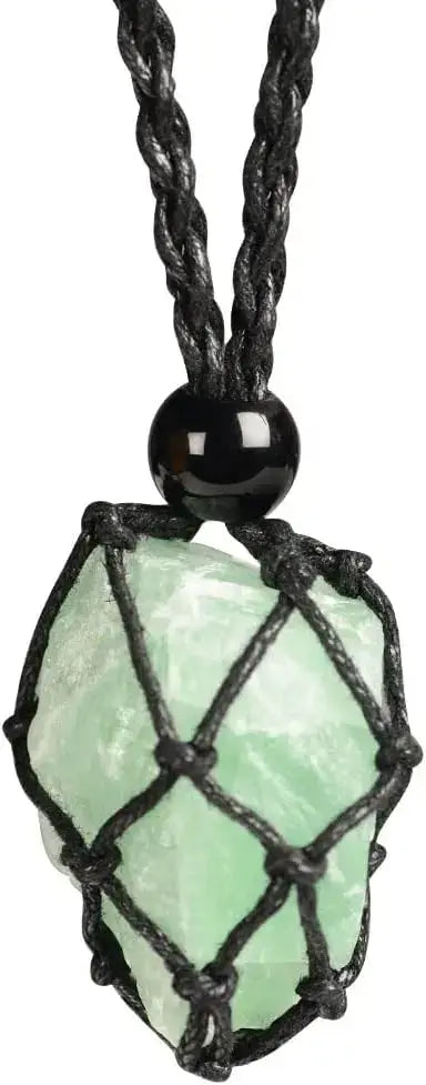 Natural Gemstone Crystal Necklace – Handwoven Stone Holder Adjustable Cord Pendant for Women & Men - Hadi Craft