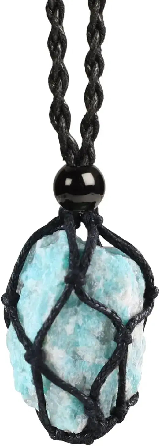 Natural Gemstone Crystal Necklace – Handwoven Stone Holder Adjustable Cord Pendant for Women & Men - Hadi Craft