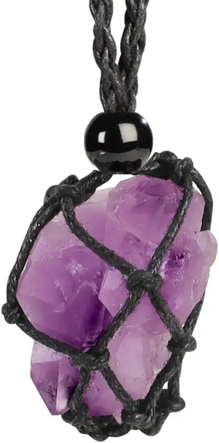 Natural Gemstone Crystal Necklace – Handwoven Stone Holder Adjustable Cord Pendant for Women & Men - Hadi Craft